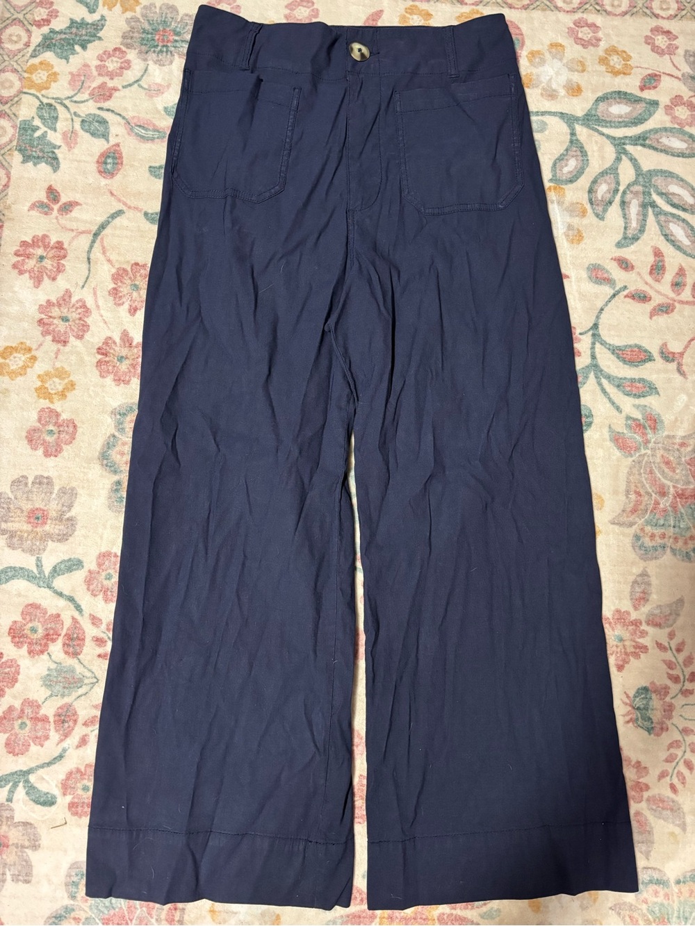 Anthropologie Navy Wide-Leg Cotton Trousers